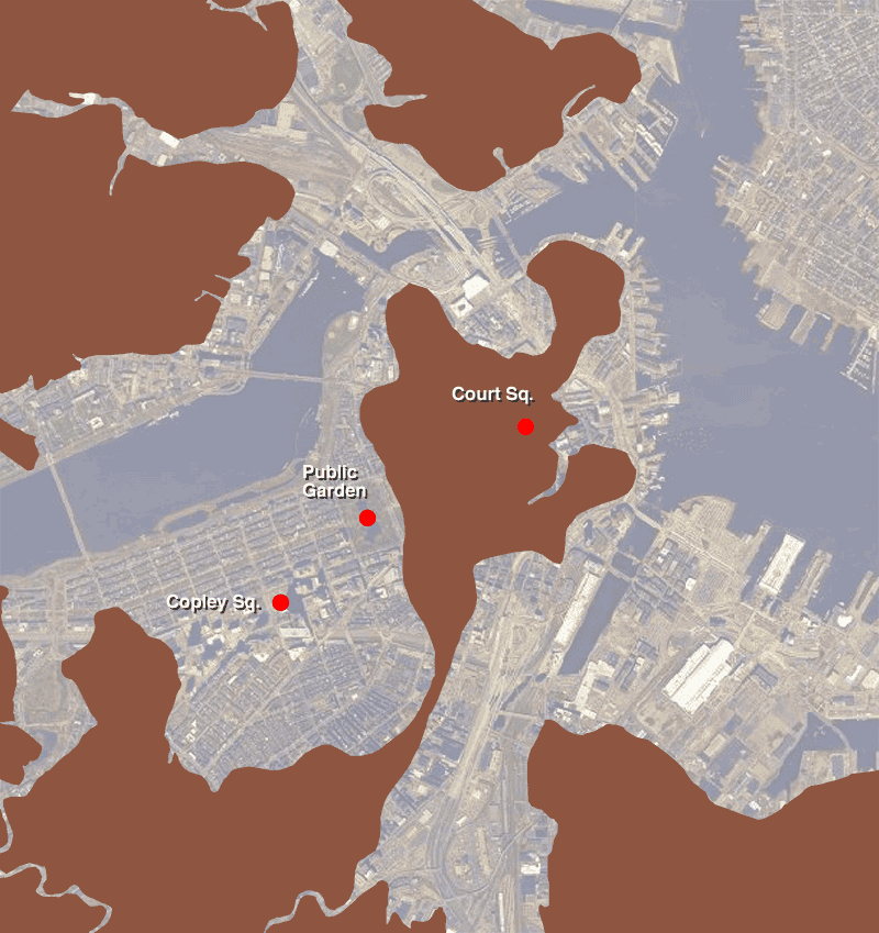 Map showing Boston of 1630 (brown) superimposed over 2005 aerial photo