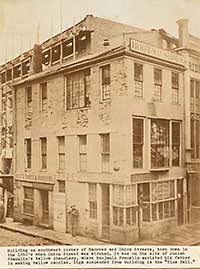 Building at corner of Union and Hanover Streets where the candle shop owned by Ben Franklin's father was located.