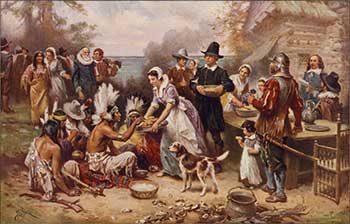 Painting of the First Thanksgiving in Plymouth.