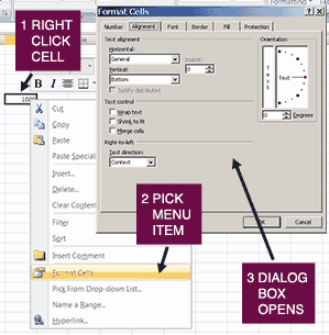Screen capture showing Format Cells dialogue box opened by right clicking on cell