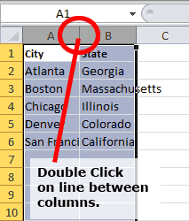 Screen capture showing where to click to autosize columns.