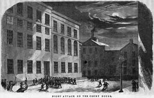 Engraving sowing citizens' attaching courthouse to free Burns.