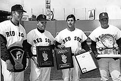 Jim Lonborg, Carl Yastrzemski, Dick Williams and George Scott at Fenway with 1967 Awards.