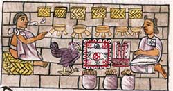Aztec traders negotiating goods including a turkey.