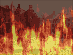 Burnt buildings on Milk Street with animated flames.