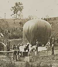 Inflating a Union Army military balloon during the Americqn Civil War.