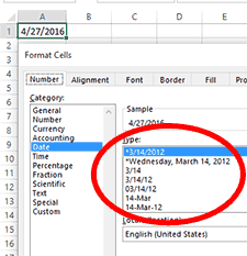 Excel Format Cells dialogue box showing date format options.