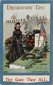 Decoration Day post card shwoing woman decorating a soldier's grave.