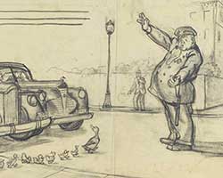 Detail from drawing by Robert McCloskey of officer stopping traffic so Mallard family can cross highway.