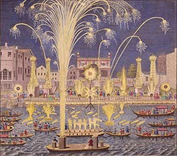 Fireworks over the Thames River in 1749.