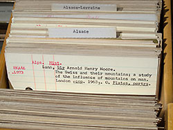 Index card in library card catalogue.