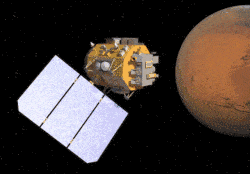 Animation of satellite relaying laser mesage beween Mars and Earth.