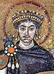 Mosaic of Emperor Justinian wearing purple toga.