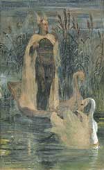 Lohengrin riding boat pulled by swan.
