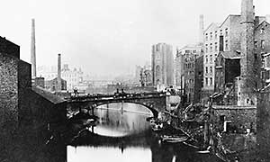 Victoria Bridge over the Irwell River, Manchester, England about 1850.