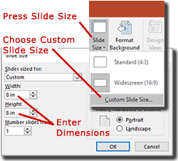 PowerPoint screen capture showing Custom Slide Size menu item and dialogue box.