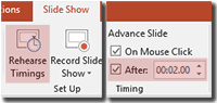 Detail of PowerPoint's Rehearse Timings and Advance Slide commands.