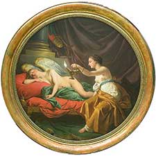 Psyche awakens Cupid when hot oil from her lamp drips onto him.