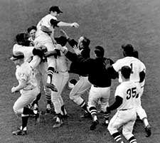 Red Sox players celebrate pennant win on October 1, 1967.