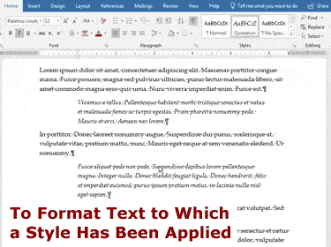 Annimation showing how to format text after a Microsoft Word style has been applied.