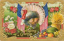 Turkey at center of Thanksgiving postcard.