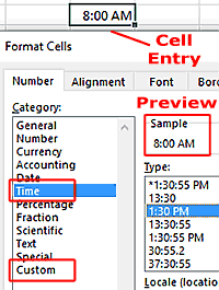 Excel Format Cells dialogue box showing time format options.