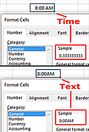Excel Format Cells dialogue showing General format for Time and Text entries.