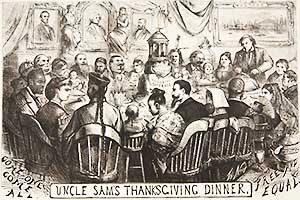 Immigrants sharing Thanksgiving dinner at Uncle Sam's table in 1869.