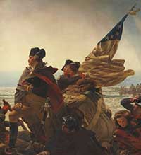 Detail from painting of Washington crossing the Delaware showing flag.