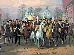 Washington and Continental Army entering New York City following British evacuation.