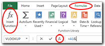 Function wizard button on Formula Ribbon and to left of Formula Bar.
