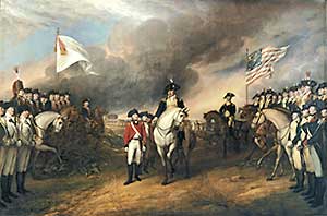 British Army surrendering to Americans and French at Yorktown.