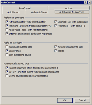 MS Word Autoformat as you Type Dialogue Box.