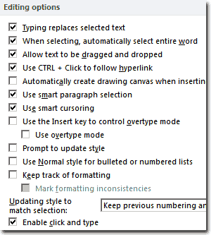 MS Word Editing Options.