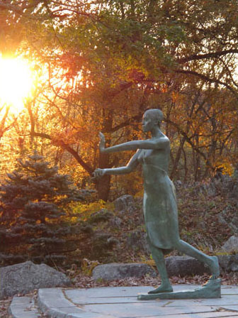 Photo of sun setting between autumn trees as seen from the DeCordova sculpture park