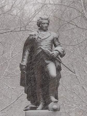 Statue of General Glover, Commonwealth Avenue, Boston, in snowstorm