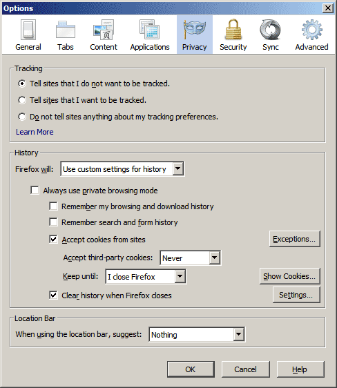 Firefox Privacy Options