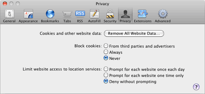 Safari Privacy Options