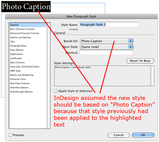 New Paragraph Style dialogue box showing one style being based on another